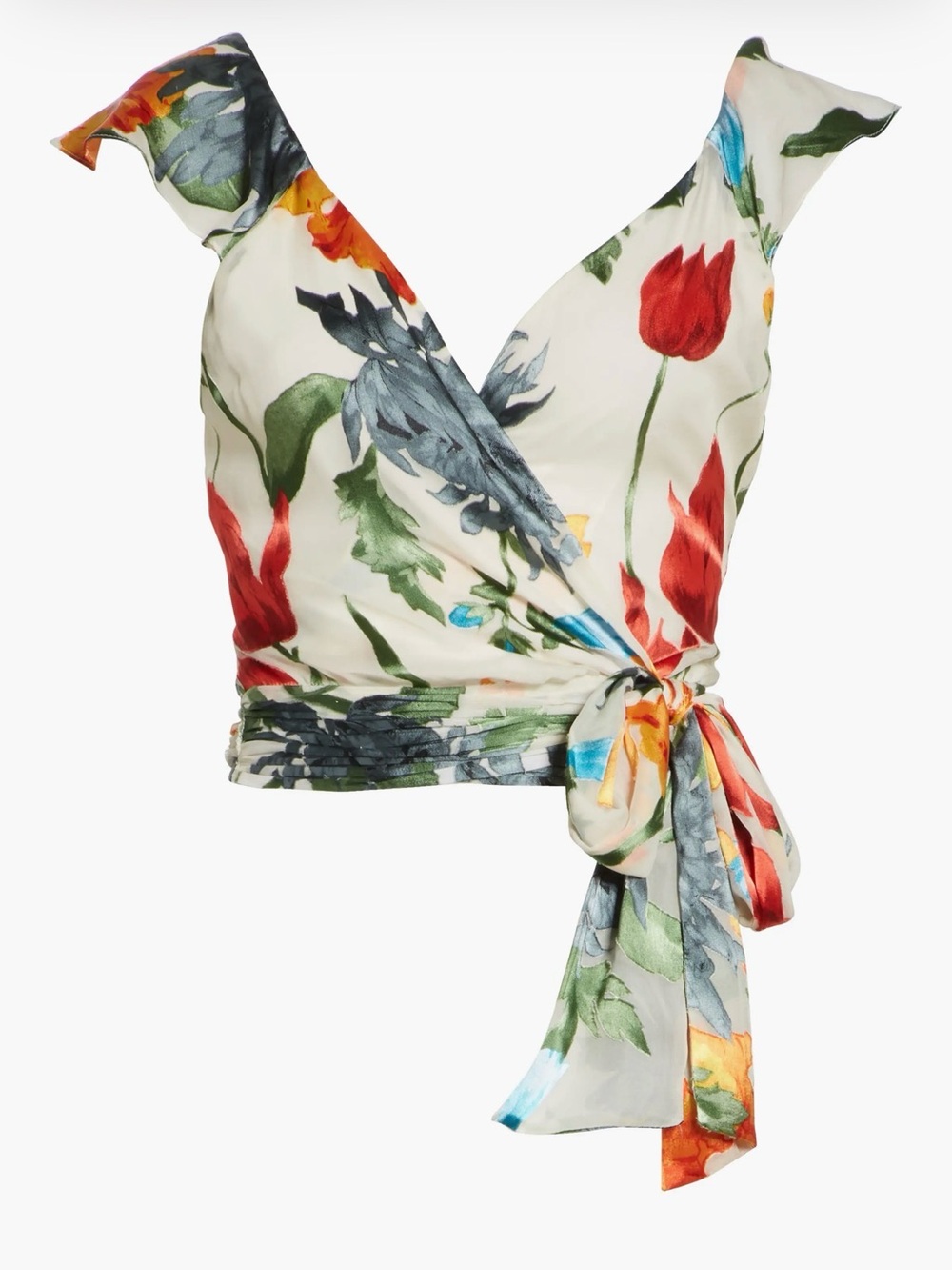 Alice + Olivia Floral Wrap Top in Cream, Red, Yellow, Green - Picture 9 of 10